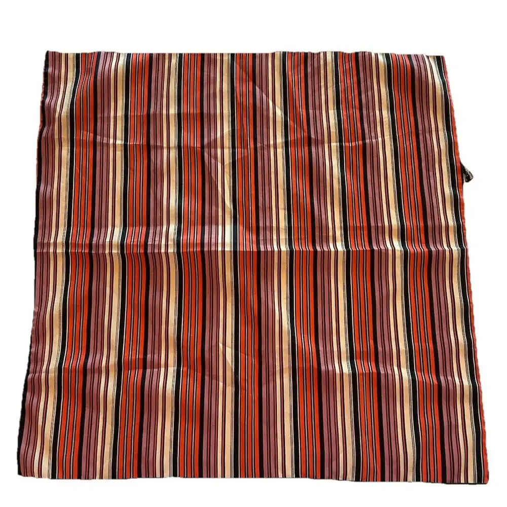 Vtg Symphony Striped‎ 20” Square Scarf Black Tan Red Rolled Hem MCM 1960s USA